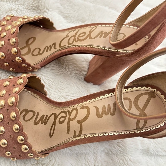 Sam Edelman Suede Leather Studded Open Toe Chunky Heels Size 8 - Picture 8 of 16